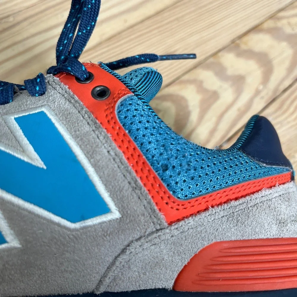 New Balance 574 Grey Blue Orange Suede Mesh Sneakers Mens 9 athletic casual shoe